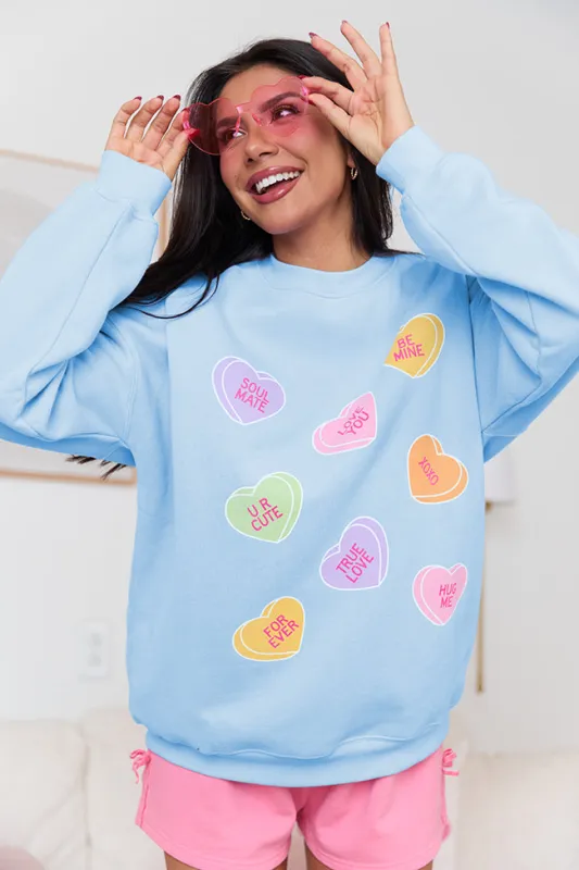 Candy Hearts Light Blue Graphic Sweatshirt SALE sold by Pink Lily