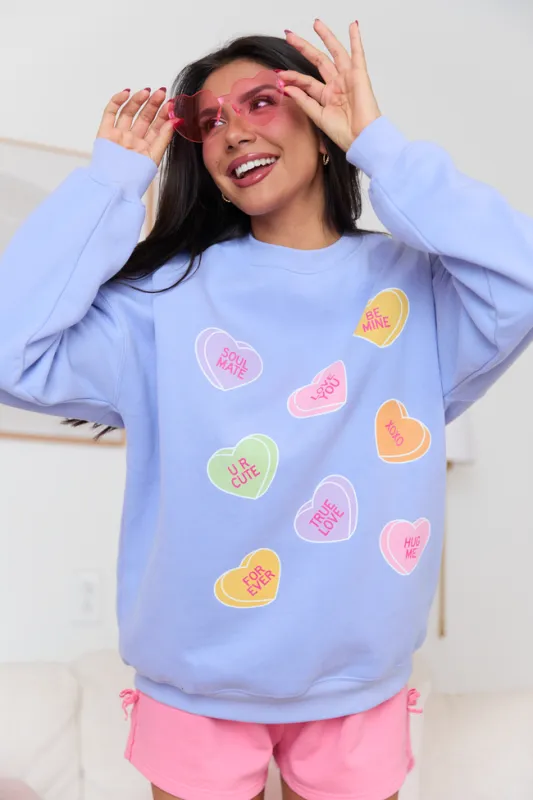 Candy Hearts Periwinkle Graphic Sweatshirt SALE sold by Pink Lily