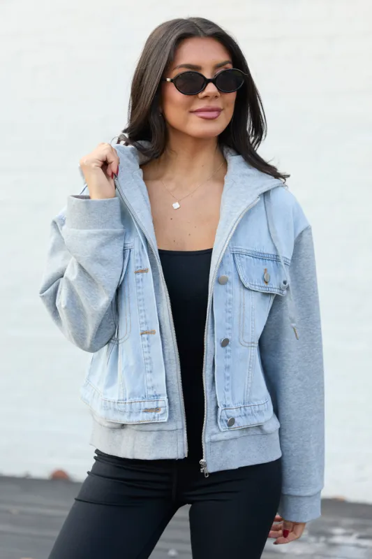Jazzy Denim French Terry Hooded Jacket sold by Pink Lily