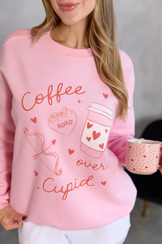 Coffee Over Cupid Light Pink Graphic Sweatshirt sold by Pink Lily