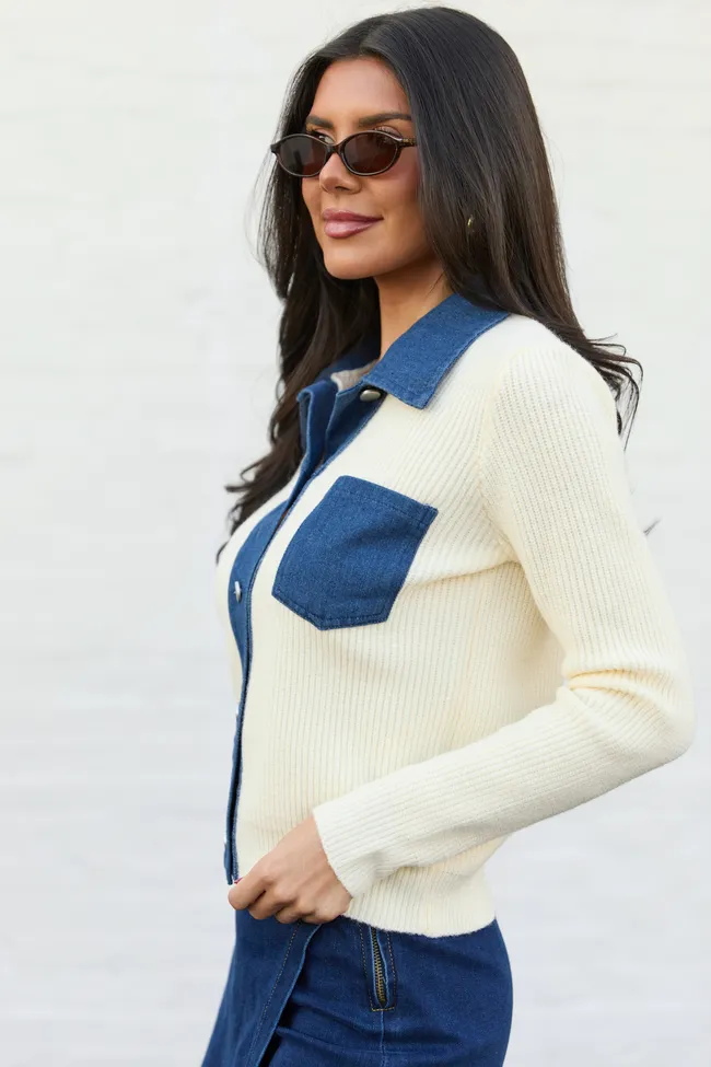 Elizabeth Denim And Ivory Collared Cardigan FINAL SALE sold by Pink Lily product image thumbnail 3