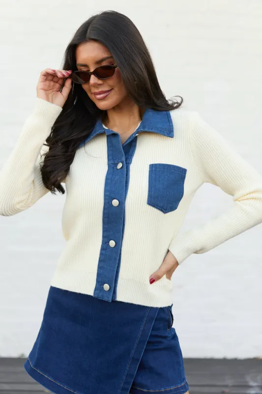 Elizabeth Denim And Ivory Collared Cardigan sold by Pink Lily