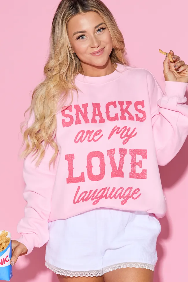 Snacks Are My Love Language Light Pink Graphic Sweatshirt SALE sold by Pink Lily