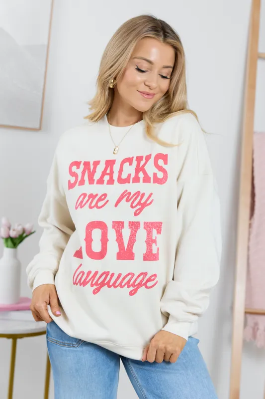 Snacks Are My Love Language Cream Graphic Sweatshirt sold by Pink Lily