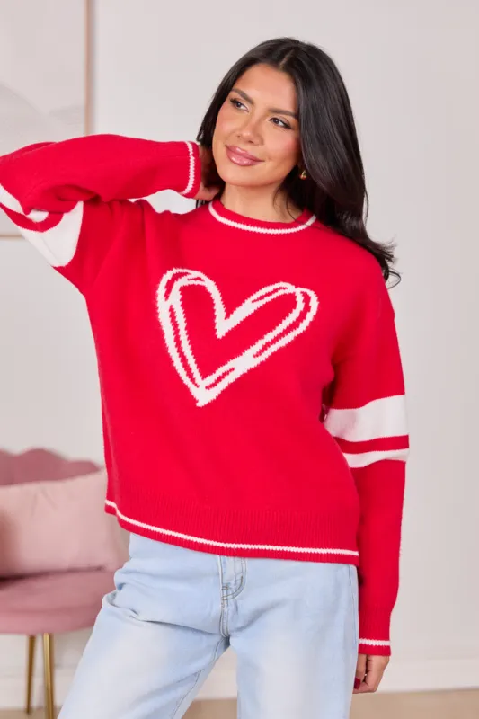 Brynn Red And Ivory Heart Varsity Crewneck Sweater FINAL SALE sold by Pink Lily
