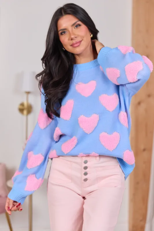 I'll Be There Blue and Pink Fuzzy Heart Sweater sold by Pink Lily