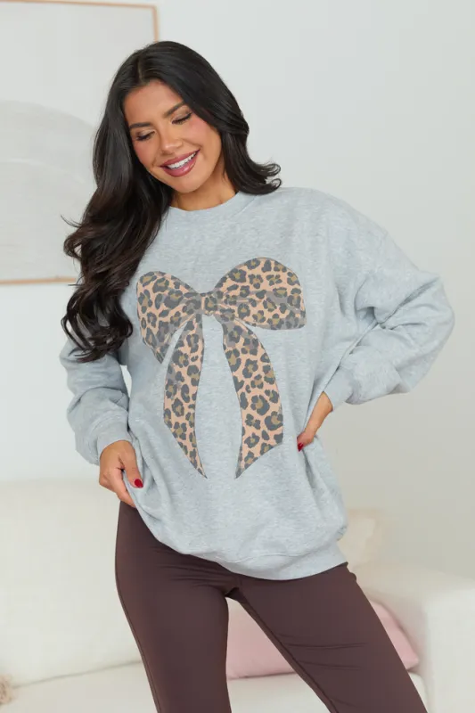 Leopard Bow Light Grey Graphic Sweatshirt SALE sold by Pink Lily