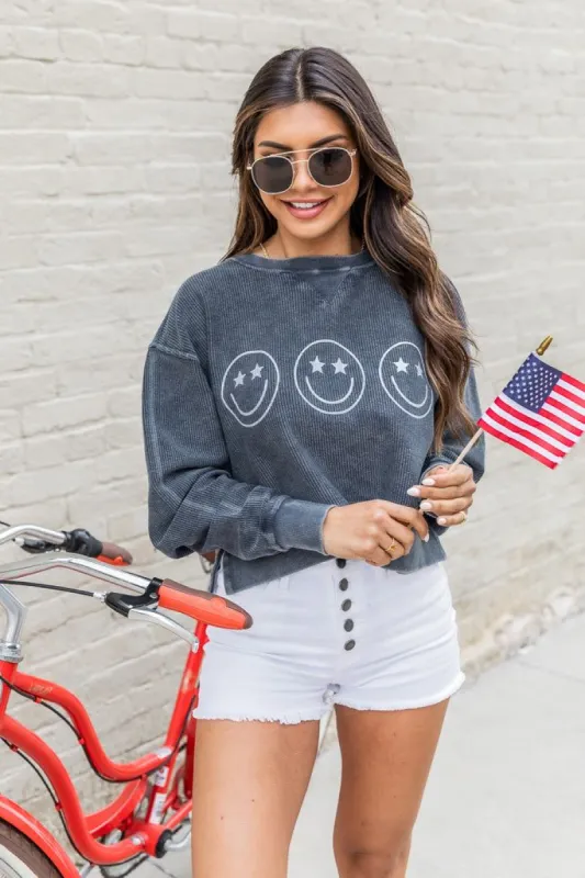 Smiley Star Eyes Navy Cropped Corded Graphic Sweatshirt sold by Pink Lily