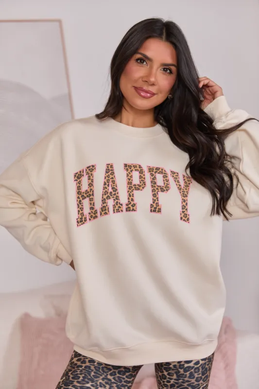 Happy Block Leopard Cream Graphic Sweatshirt SALE sold by Pink Lily