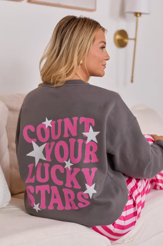 Count Your Lucky Stars Dark Grey Graphic Sweatshirt made by Pink Lily