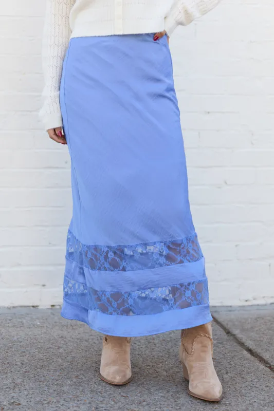 Kaden Blue Satin Lace Inset Midi Skirt sold by Pink Lily