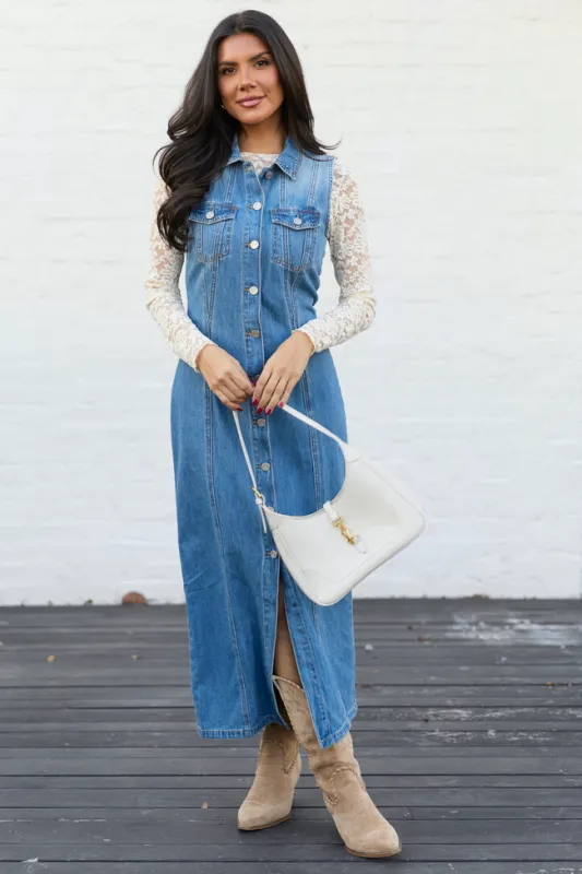 Romy Denim Button Front Maxi Dress sold by Pink Lily