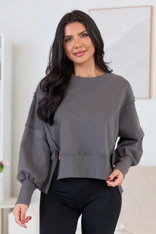 Payton Charcoal Cropped Crewneck Top sold by Pink Lily