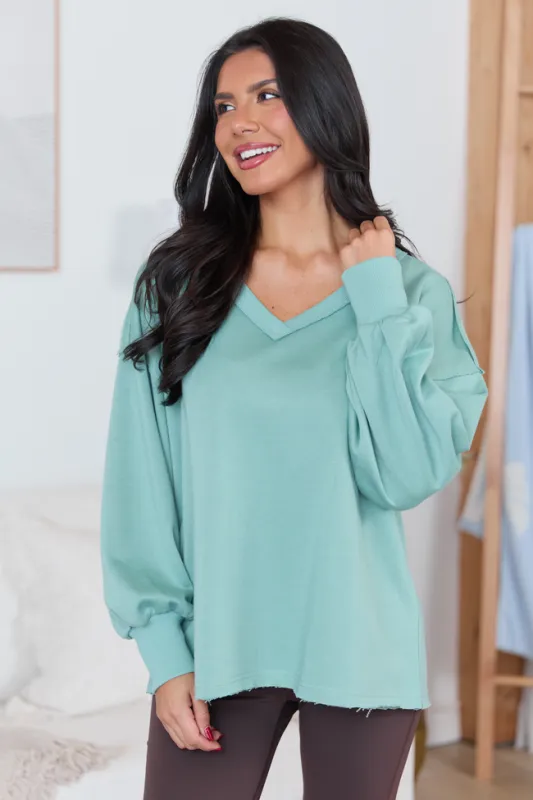Masyn Sage V-Neck Pullover sold by Pink Lily
