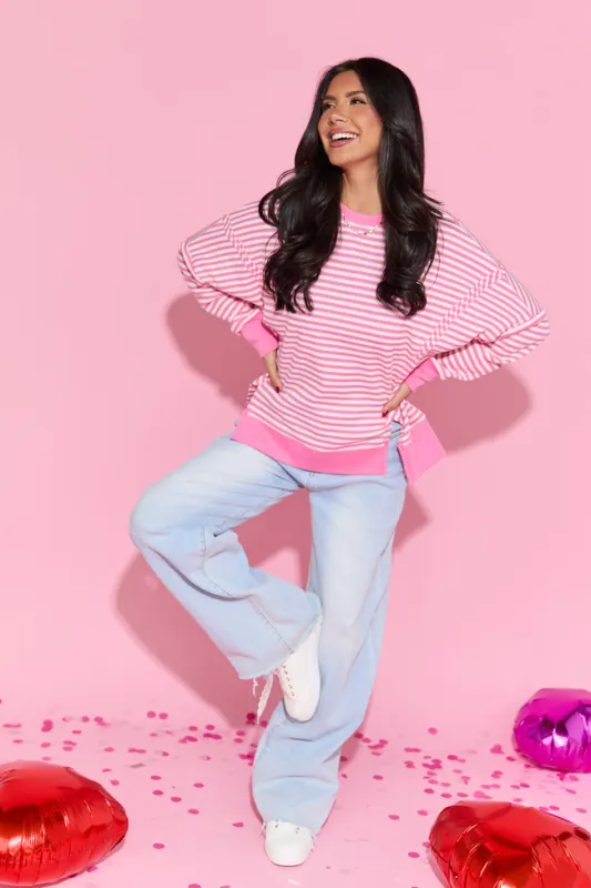Kara Pink And White Stripe Waffle Pullover sold by Pink Lily