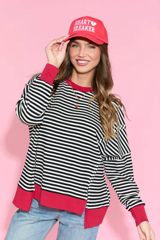 Kara Black And White Stripe Waffle Pullover sold by Pink Lily