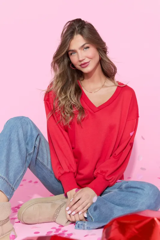 Masyn Red V-Neck Pullover sold by Pink Lily