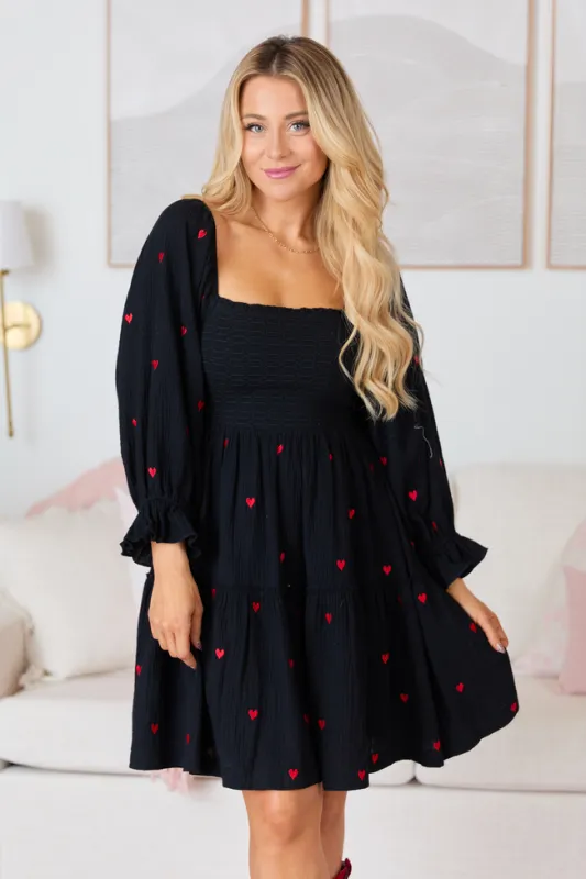 Dress To Impress Black Heart Smocked Top Mini Dress FINAL SALE made by Pink Lily