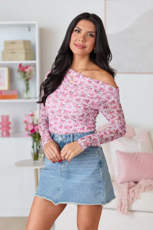 Mallory Pink Floral Off Shoulder Long Sleeve Top FINAL SALE sold by Pink Lily