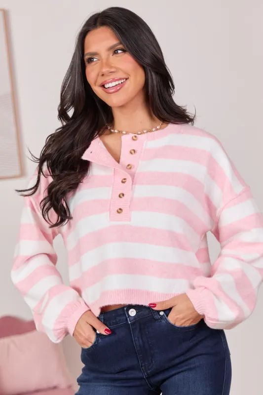 Gillian Pink And Ivory Striped Henley Knit Sweater sold by Pink Lily