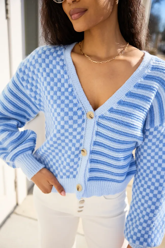 Samara Checkered And Stripes Blue Cardigan SALE sold by Pink Lily