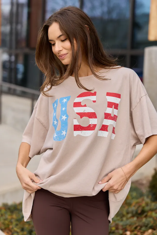 USA Taupe Oversized Graphic Tee sold by Pink Lily