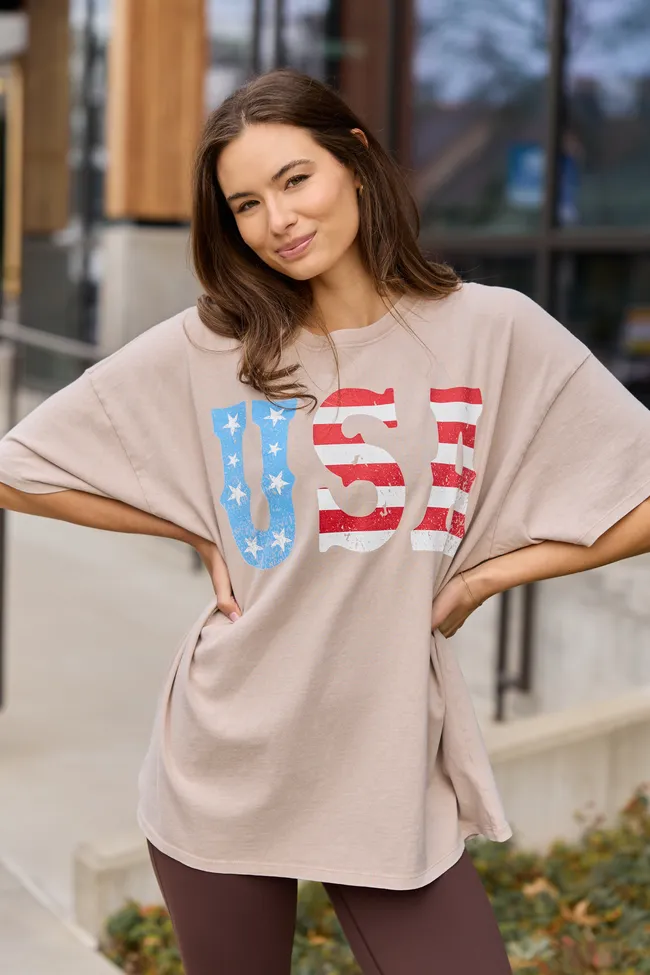USA Taupe Oversized Graphic Tee sold by Pink Lily product image thumbnail 4