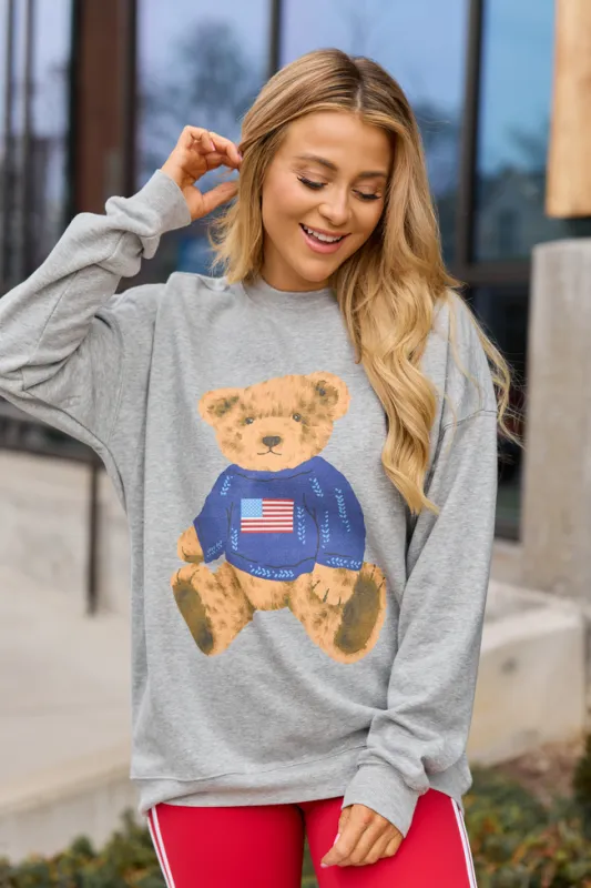 Vintage Teddy Bear Flag Light Grey Graphic Sweatshirt sold by Pink Lily