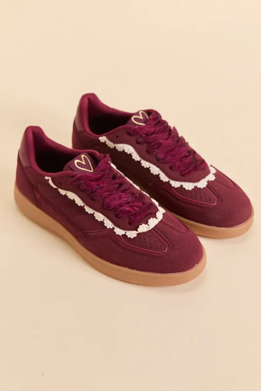 Tiffany Burgundy Lace Trim Sneakers sold by Pink Lily