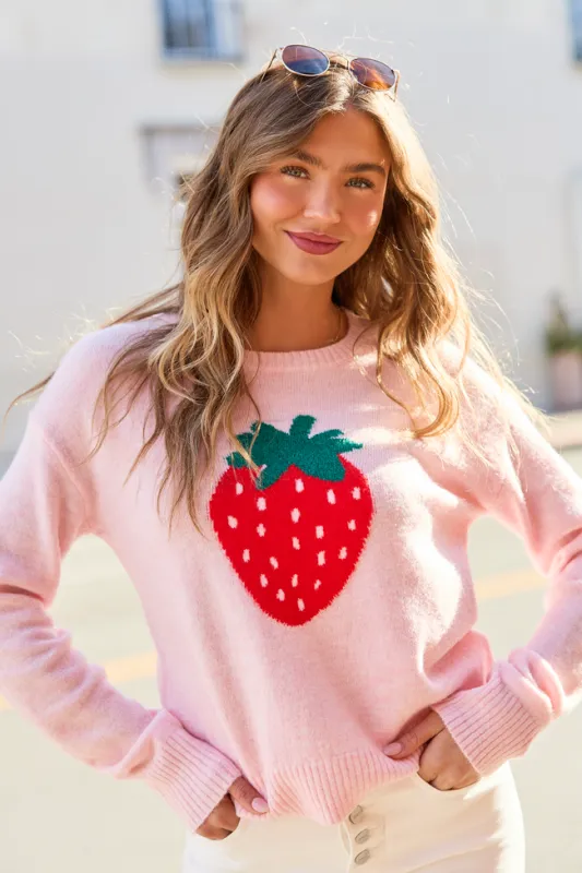 Saye Pink Strawberry Crewneck Sweater sold by Pink Lily