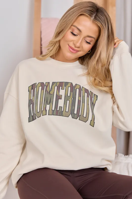Homebody Camo Cream Graphic Sweatshirt sold by Pink Lily