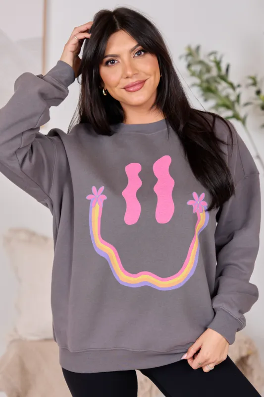 Retro Smiley Dark Grey Graphic Sweatshirt sold by Pink Lily