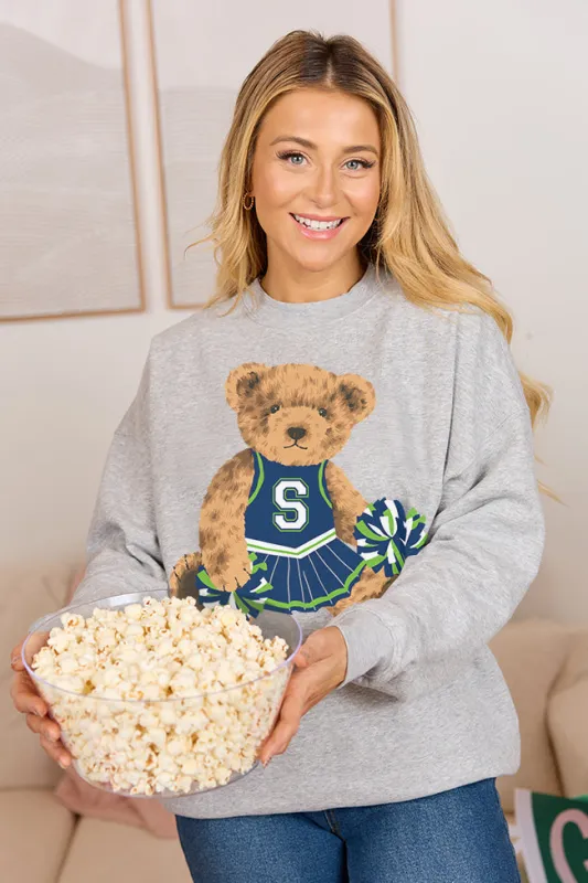 Vintage Green and Blue Cheer Teddy Bear Light Grey Graphic Sweatshirt SALE sold by Pink Lily