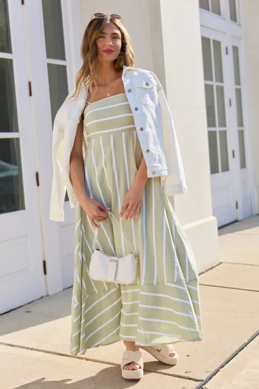 Come Sail Away Sage Striped Maxi Dress made by Pink Lily