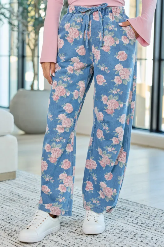Maeve Rose Print Barrel Pull-On Jeans made by Pink Lily