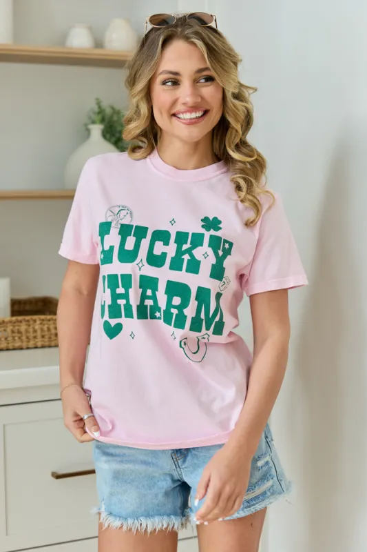 Lucky Charm Light Pink Graphic Tee sold by Pink Lily
