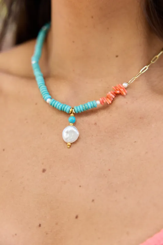 Trinity Turquoise Pearl Drop Nekclace sold by Pink Lily