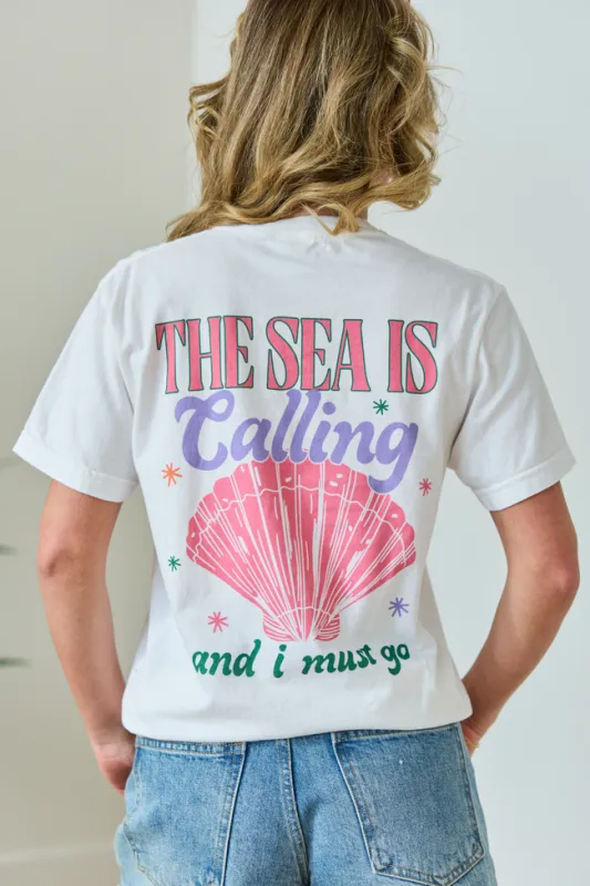 The Sea Is Calling White Graphic Tee made by Pink Lily