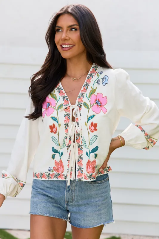 Maclyn White Floral Long Sleeve Tie Front Top sold by Pink Lily