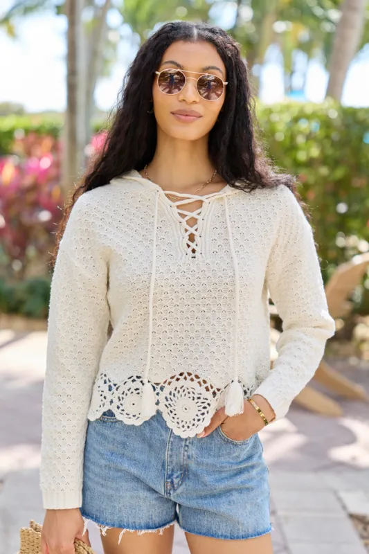 Harrisyn Ivory Cropped Crochet V-Neck Hoodie made by Pink Lily