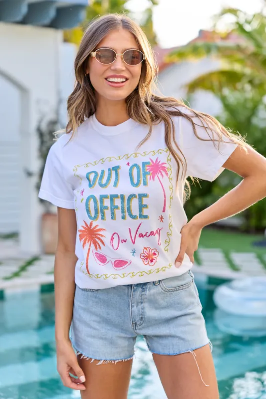 Out Of Office On Vacay White Graphic Tee made by Pink Lily