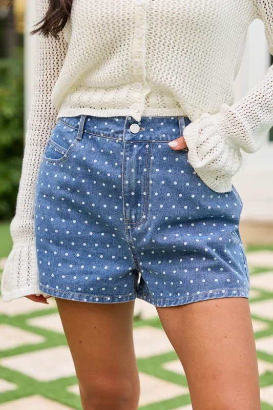 Bailey Polka Dot Denim Shorts made by Pink Lily