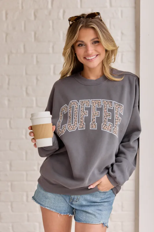 Coffee Leopard Print Dark Grey Graphic Sweatshirt made by Pink Lily