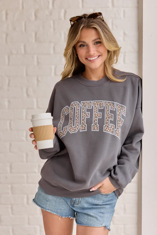 Coffee Leopard Print Dark Grey Graphic Sweatshirt sold by Pink Lily