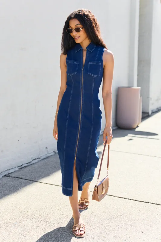 Amira Denim Midi Dress made by privy
