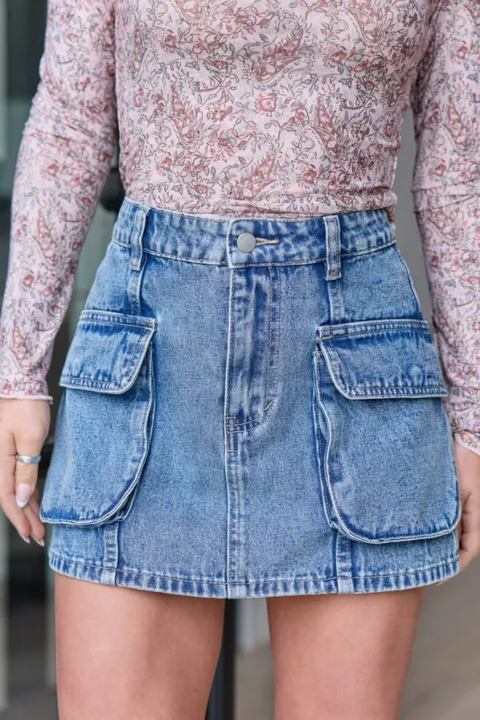 Drew Medium Wash Denim Cargo Skirt sold by Pink Lily