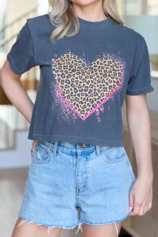Leopard Heart Dark Grey Boxy Graphic Tee made by Pink Lily