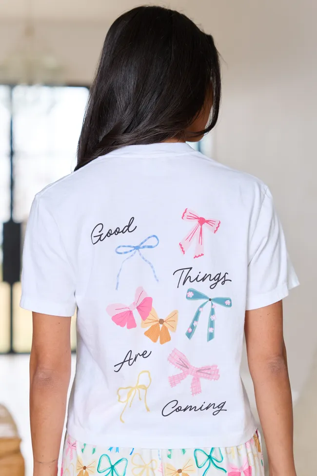 Good Things Multi Bow White Boxy Graphic Tee sold by Pink Lily