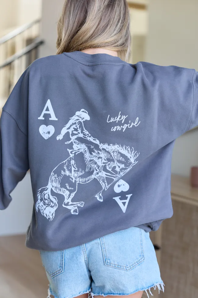 Lucky Cowgirl Dark Grey Graphic Sweatshirt sold by Pink Lily