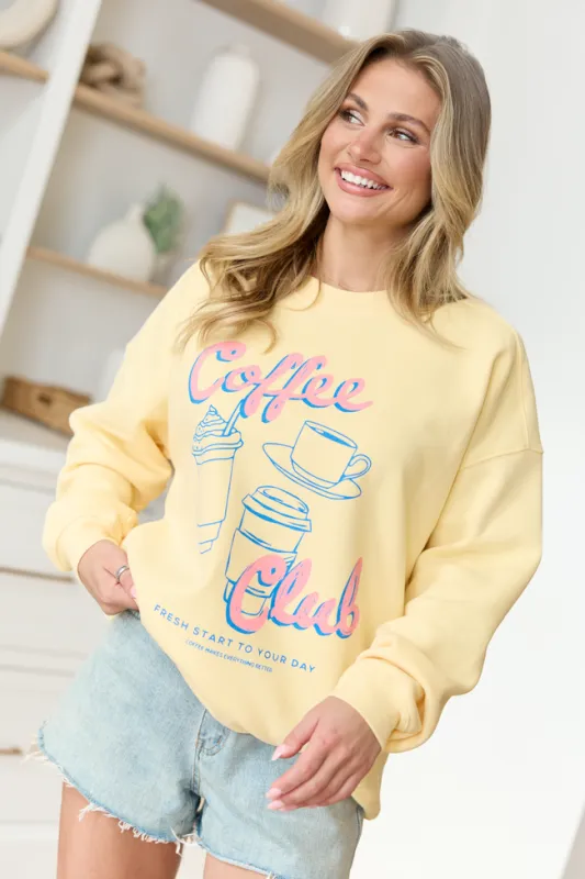 Coffee Club Yellow Graphic Sweatshirt made by Pink Lily